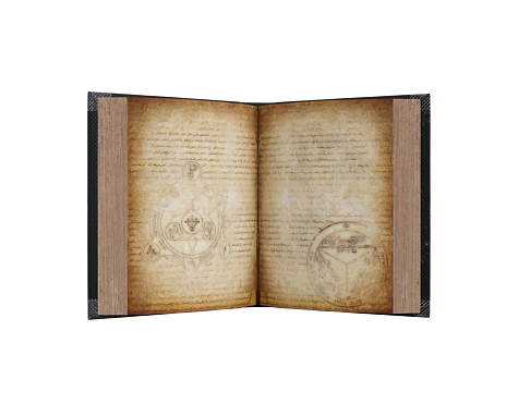 Old witch or wizard's magic spell book opened to show yellow stained parchment pages. Isolated 3D illustration.