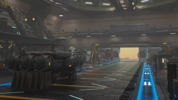 istock Inside a large science fiction hanger on a fantasy alien planet with desert landscape seen through an open door. 3D rendering. 1960187786