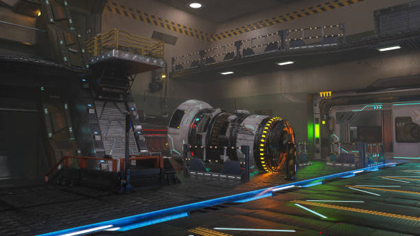 istock Machinery inside a fantasy future space station hangar. 3D rendering. 1960187788
