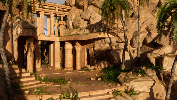 istock Ancient Egyptian temple with columns and statues built into the side of a mountain. 3D rendering. 1960188320