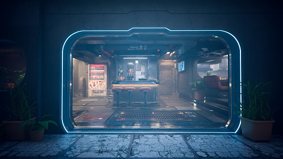Entrance to a futuristic cyberpunk saloon bar on a fantasy alien world. 3D illustration.