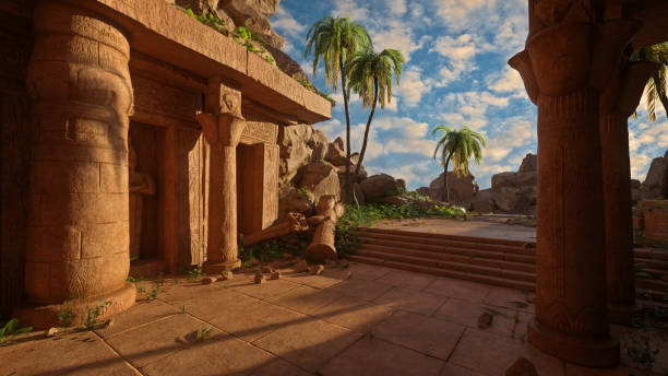 istock Ruins of an ancient Egyptian temple or tomb with broken stone statue and column. 3D rendering. 1960188348