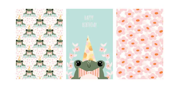 Vector illustration of Birthday party cards set. Poster and patterns  collection. Animal party banners with frog and flowers.