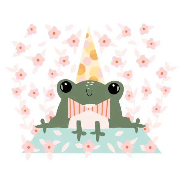 Vector illustration of Funny frogs seamless pattern. Cute green animals, little cartoon amphibians with flowers,