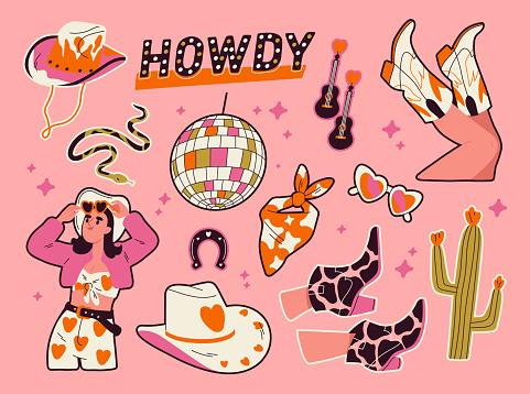 Retro cowboy stickers set. Stylish wild west element, cowgirl boots, disco ball, howdy inscription, cactus and cowboy hat. Hand drawn badges. Cartoon flat vector collection isolated on pink background