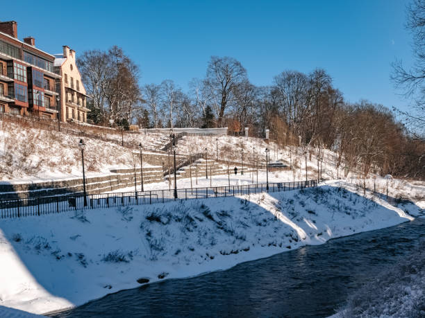 Vilnius, Lithiania - 01 17 2024: Stairs on the river embankment