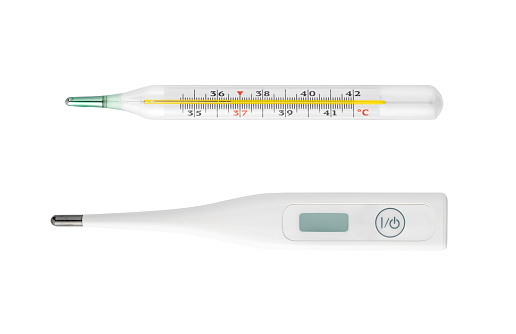Medical thermometer, electronic and old mercury for measuring body temperature isolated on white background, set of two, closeup front view picture