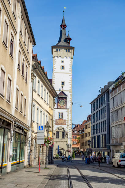 Ravensburg in summer, Baden-Wurttemberg, Germany, Europe. Vertical view of medieval Frauentor tower, old town gates in Ravensburg downtown. It is historical landmark of city.
