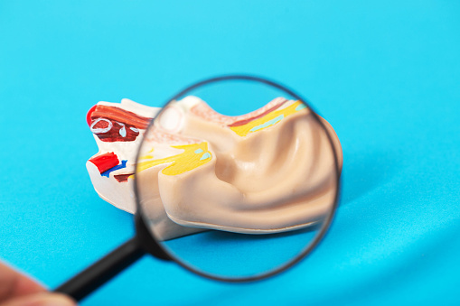 Medical ear mockup on a blue background under a magnifying glass. Concept of tympanic cavity shunting and laser tympanometry, close-up