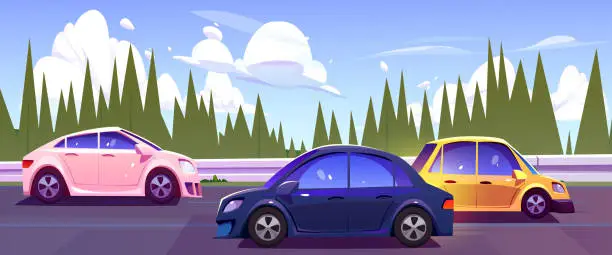 Vector illustration of Cars driving highway along forest