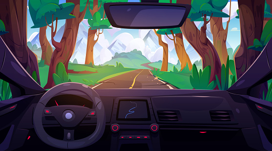 Car dashboard with forest road view through windshield. Vector cartoon illustration of automobile interior with steering wheel, map on gps navigation display, mountains on horizon, travel by auto