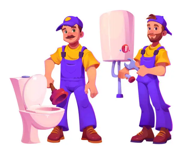 Vector illustration of Man plumber repair service for boiler and toilet