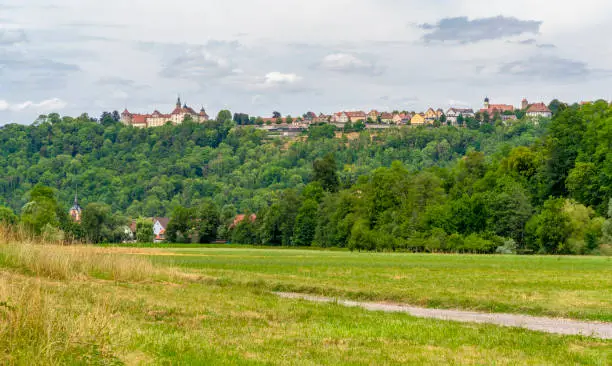 Panoramic summertime scenery around Langenburg and Baechlingen in the Schwaebisch Hall district in Southern Germany