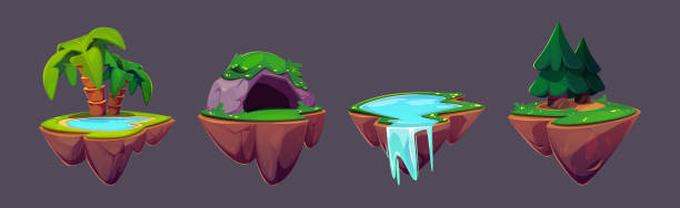 Floating game island and fantasy land cartoon Floating game island and fantasy land cartoon vector platform. Magic ui 2d flying illustration with palm and pine tree, rock cave, lake and waterfall scene set. Interface environment for location fantasy island waterfall stock illustrations