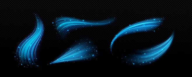 Set of cool air flow effects isolated on transparent background. Vector realistic illustration of blue light waves with shimmering particles, cold wind, fresh breeze whirlwind, magic power trail