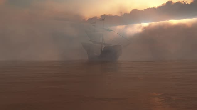 Fog And Old Ship In Sunset 4k