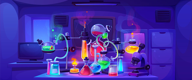 Night chemistry laboratory with experiment equipment cartoon background. Science research lab in school with microscope and beaker for physics education and analysis. Liquid potion glow with steam