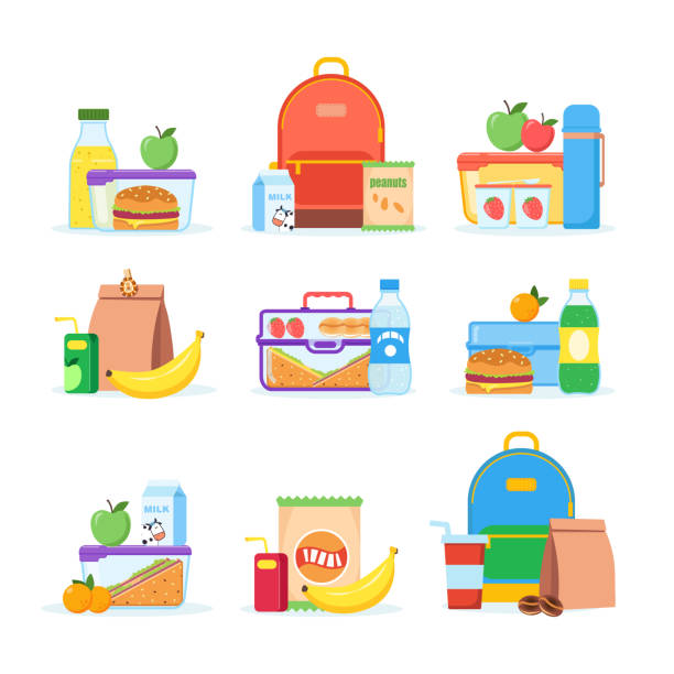 lunchbox verschiedene arten von mittagessen. vektor schulbrotdose mit gesunden lebensmitteln, obst oder gemüse, verpackt in einem kinderbehälter in einer tüte. eine reihe von illustrationen für verpackte lebensmittel isoliert auf weiß. - kantine stock-grafiken, -clipart, -cartoons und -symbole