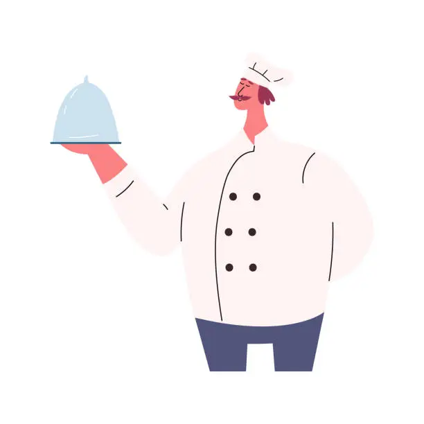 Vector illustration of Professional chef elegantly serving meal in cover dome cloche, flat vector illustration isolated on white background.