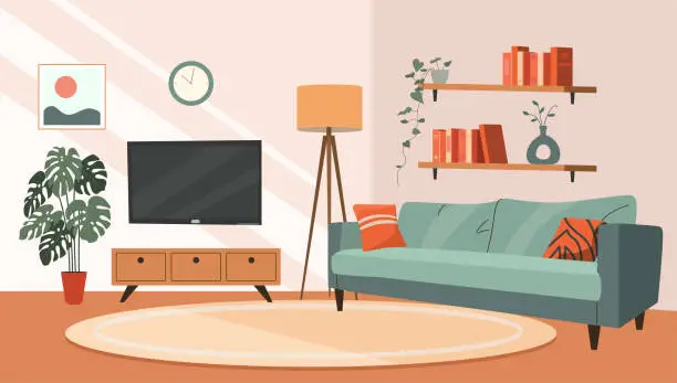 Vector illustration of Living room interior. Comfortable sofa, TV and house plants. Vector flat cartoon illustration