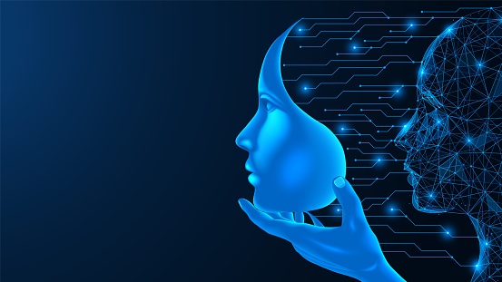 Artificial intelligence connects a human face. The creation of a humanoid robot. Polygonal design. Blue background.