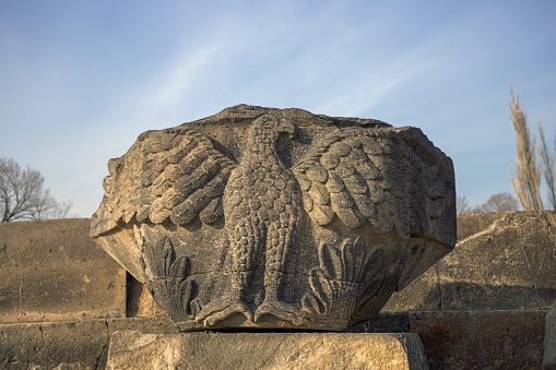 Close-up | Detail : Zvartnots Christian Cathedral ruins (near Vagharshapat town, Armenia), 7 AD, a landmark and archaeological site known as Zvartnots Cathedral or Temple, ph 5 of 8, 600 dpi.