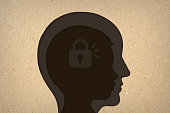 Profile silhouette of man and child with open padlock - Concept of relationship between adult self and inner child