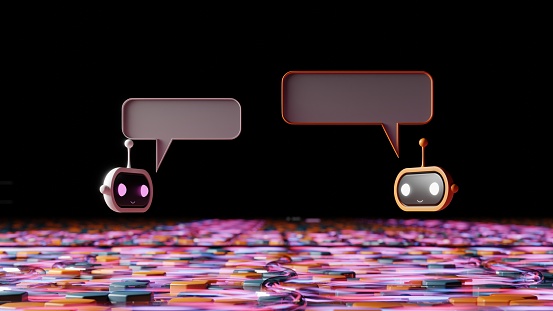 Digital render of two cute chatbot icons with speech bubbles floating above an abstract patterned digital surface.
