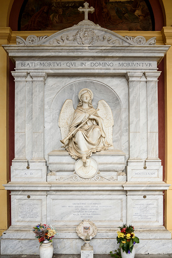 Verano cemetery, Rome, Italy: Salvatore Carminati's grave built in 1877 and angel with trumpet.