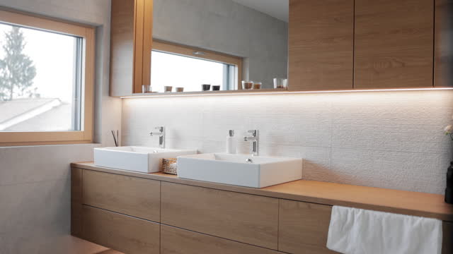 Sleek modern bathroom interior with double vanity
