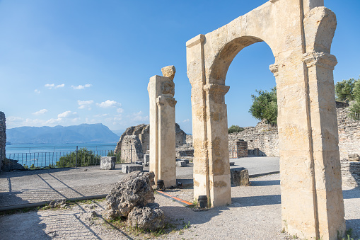 Italy travel destination. Grottoes of Catullus, antique Roman villa in Sirmione, Lake of Garda - 1st century AD