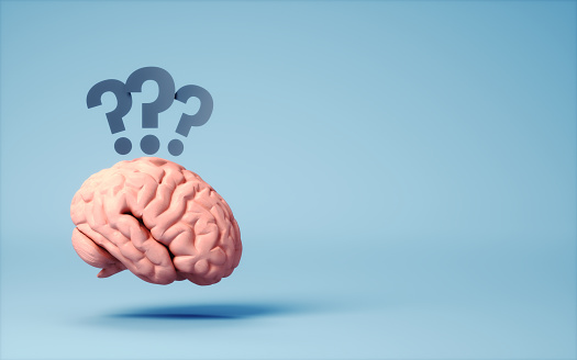 3d Render YPaper Question Marks over Human Brain on Soft Blue Background, idea thought concept, Dementia, Parkinson's Disease, Alzheimer's, Mental Seizures (close-up)