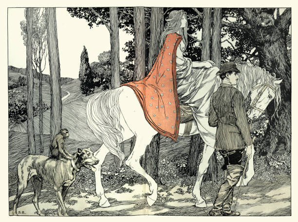 Vintage illustration Fairy tale princess in red cloak, riding white horse, Jugendstil, Art Nouveau, 1890s, 19th Century