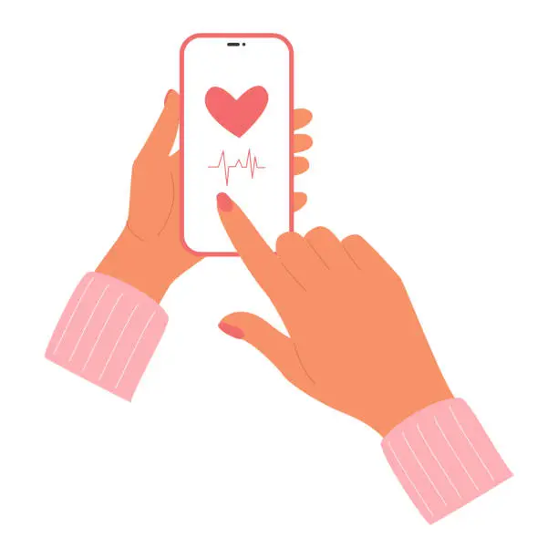Vector illustration of Monitoring heart rate on phone tracker app.  Female finger pushing on screen for checking heartbeat pulse