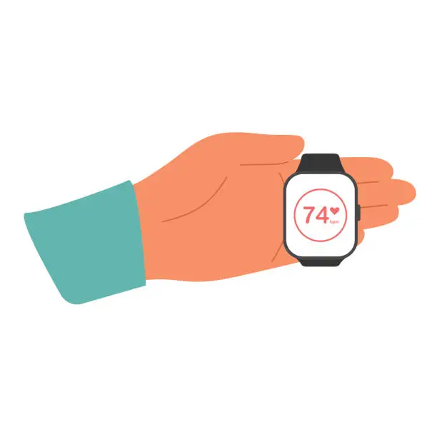 Vector illustration of Male hand holds smart watch with heartbeat rate tracker app on screen. Pulse heart care control