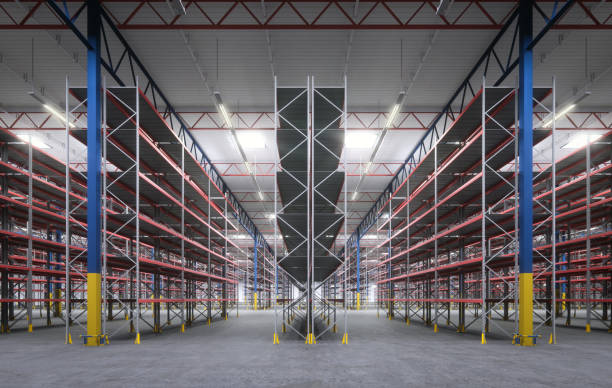 istock Empty big storage room. Huge warehouse room with steel construction and empty racks. 1960318191