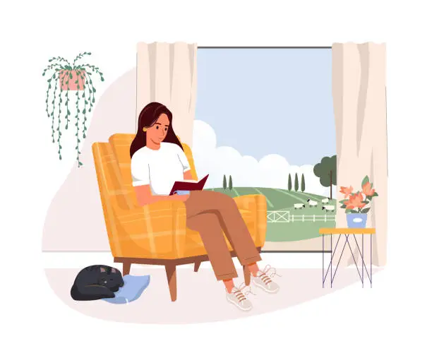 Vector illustration of Person reading book, sitting in cozy armchair by window in living room. Woman in chair at home with literature and coffee cup. Businesswoman reader. Flat vector illustration isolated on white