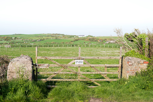A wooden gate, giving access to a rural field in Wales. There is a sign saying 'no parking' or 'Dim Parcio' in Welsh.