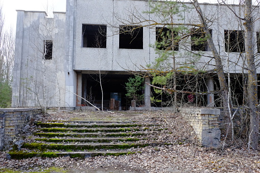 An abandoned restaurant in Pripyat. Ruins of a building in a city contaminated with radiation.