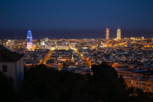 Barcelona, Spain - April 8, 2023: Night view of Barcelona Skyline, Spain.