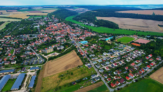 Aerial view around the city Nebra in Germany on a sunny spring day