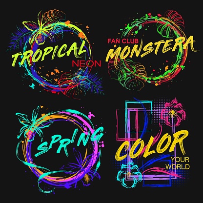 Set of labels with orchids, tropical foliage, paint brush strokes, spattered paint of neon bright colors. Virtual surreal nature Grunge style for sports goods, prints, clothing, t shirt design