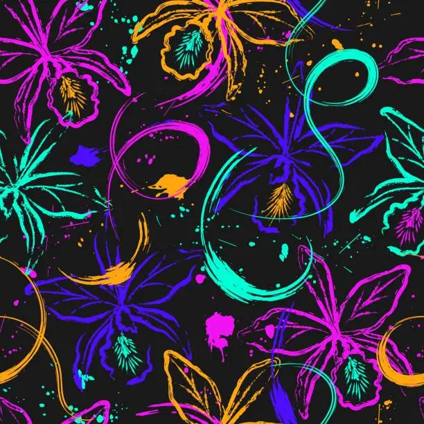 Vector illustration of Abstract pattern with orchid, paint brush strokes