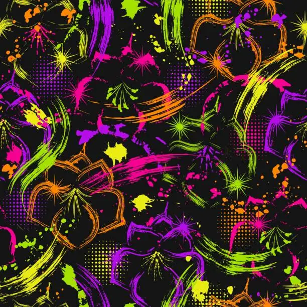 Vector illustration of Abstract pattern with flowers, paint brush strokes