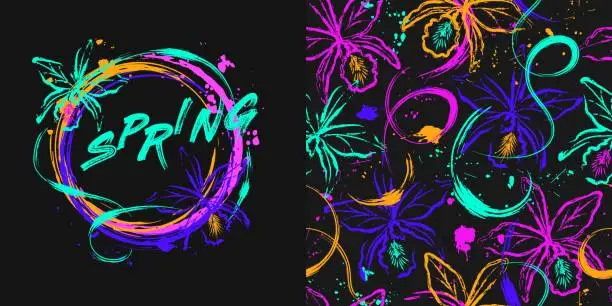 Vector illustration of Fluorescent pattern, circle label with orchids