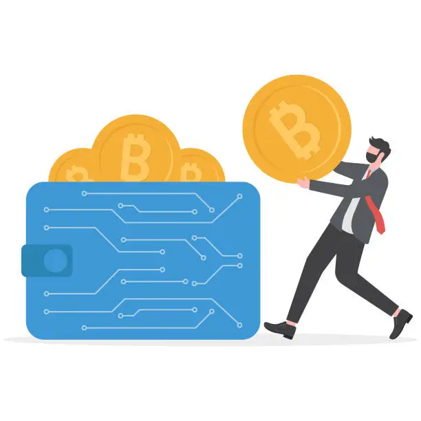 Vector illustration of Digital Crypto Currency with Digital Wallet, Bitcoin Blockchain Mining and Exchange concept