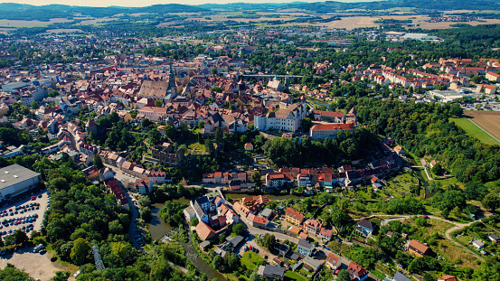Aerial view of the old town of the city Bautzen on a sunny day in summer in Germany.