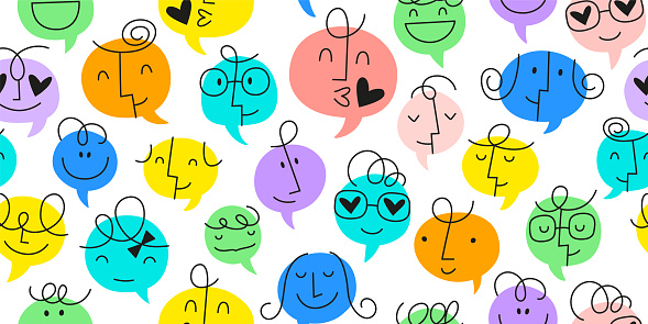 colorful chat bubble seamless pattern Vector illustration. Multi color rainbow cartoon text balloon in groovy children doodle style. Friendly team work or group conversation background concept.