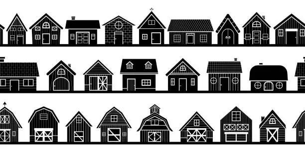 Vector illustration of Border seamless barn farm and house building landscape in monochrome silhouette style