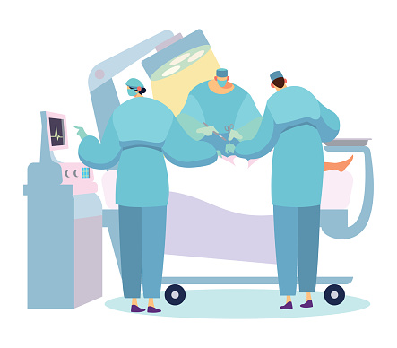 Surgeons performing surgery, intense medical operation scene with doctors in scrubs. Surgery in progress, medical staff working in operating room with equipment. Medical team conducts operation, health care professionals in sterile environment during surgical procedure.